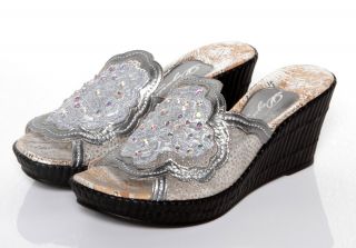 New Womens Dezario Blossom Crystalized Silver Wedges Shoes 6