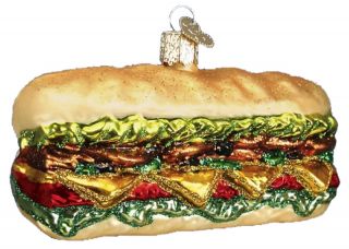 This deli sandwich ornament has an old world style and glitter accents
