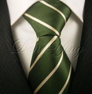 DENG YING New Striped Green Beige Jacquard Woven Mens 100% Silk Ties