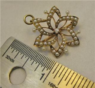 Vintage 14k 14kt Gold Pendant Brooch Genuine Diamond Seed Pearl