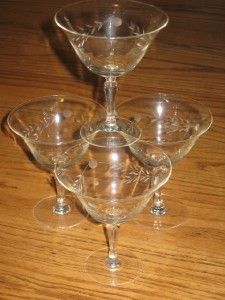 Vintage Set 4 Etched Glass Dessert Glasses Wine Water Cordial Champgne