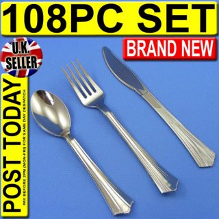 108 x Silver Chrome Strong Plastic Cutlery Set Knife Fork Spoon Buffet
