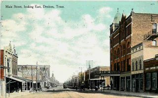 Denison Texas TX 1907 Main Street East Streetcar Vintage Postcard