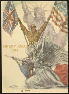  WW2 Vintage Watercolor Merry Xmas 1944 Paris James Donald Meeks