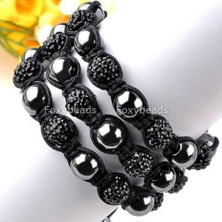 Cool Men Black Disco Crystal Pave Hematite Ball Beads Macrame Woven