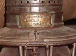 Antique fo Dewey Brass Top Tall Globe Railroad Lantern