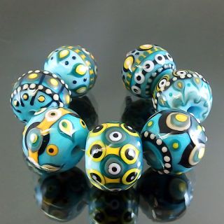   handmade lampwork 7 glass beads dot line colorful BLUE ANCIENT SRA