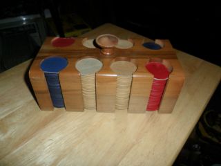 VINTAGE WOOD POKER CHIPS IN WOOD CARRY CASE THIN CHIPS LOOKS HANDMADE