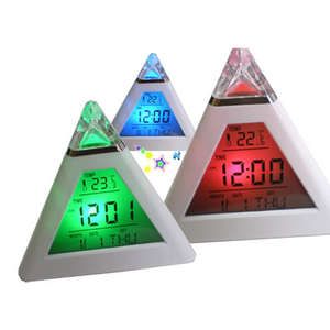 Color LED Pyramid Digital LCD Alarm Clock Thermometer