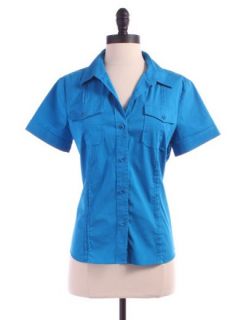Theory Solid Short Sleeve Blouse Sz L Top Blue Shirt