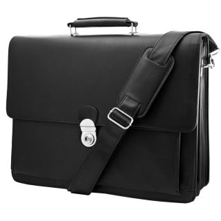 Durable Black Leather Mens Laptop Business Briefcase Messenger