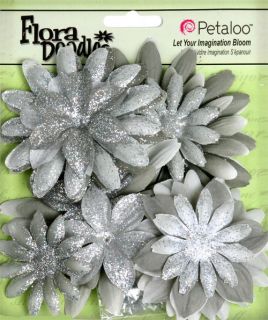 Petaloo Flora Doodles Fabric Glitter Flowers Daisies Large Silver Gray
