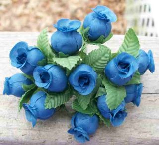 288 Pieces Small Dark Blue Fabric Roses with Green Leaves New in