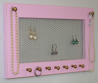 Earring jewelry organizer shabby cottage pink necklaces bracelets wall