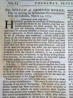 Edmund Burke Speech Revolutionary War 1775 PA Newspaper