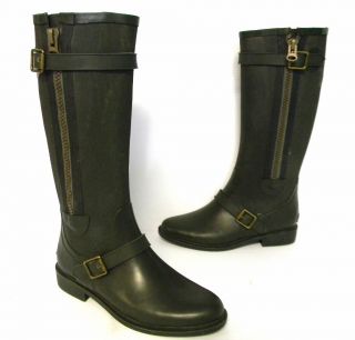 F364 Juicy Couture Emily Dark Green Rubber Weatherproof Boots Sz 7 M