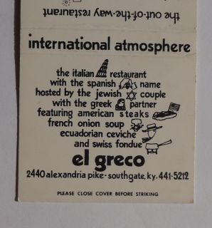 1970s Matchbook El Greco Italian Restaurant Southgate KY Campbell Co