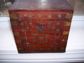 EARLY HAND MADE WOODEN BOX W/ FANCY BRASS INLAY, POSSIBLE SUGAR/TEA