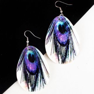 Purple Peacock Feather Oval Cone Ocean Shell Disc Dangle Hook Earring