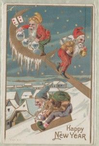  and Elves Bags of Money Ramp Sled Crescent Moon Vintage Postcard