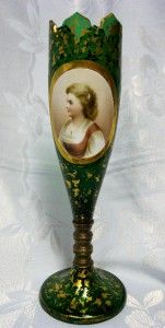 Antique Moser Bohemian Vase Green Glass Porcelain Hand Painted Cameo