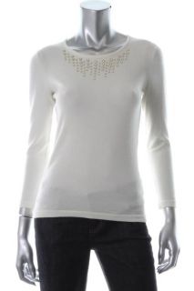 Ellen Tracy New Ivory Embellished Long Sleeve Crew Neck Pullover