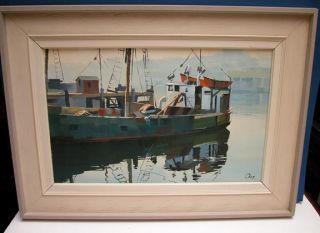 Canadian Oil Painting Ron Okey East Coast Boat 1950s