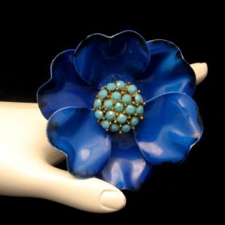 Vtg Large Blue Enamel Aqua Rhinestone Flower Brooch Pin