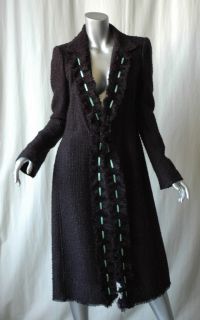 EMANUEL UNGARO Long Black Boucle Tweed Ruffle Aqua Ribbon Trim Coat
