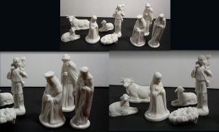 Lovely Enesco Bisque Porcelain 9 Piece Nativity Scene in White. Pieces