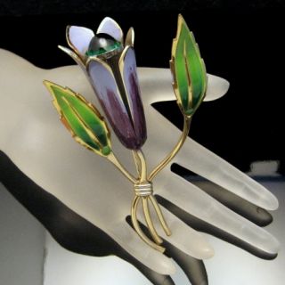 Vintage Brooch Pin Extra Large Flower Purple Green Enamel Glass Stone