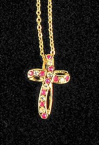 Vintage Cross Pendant Chain Gold Plated Faux Ruby Clear Stones
