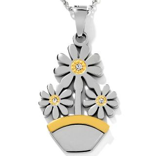 Stately Steel Crystal Accented Flower Pot Two Tone Pendant with 17