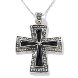 Black Onyx Sterling Silver Cross Pendant with 18 Popcorn Chain