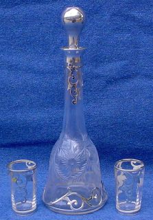  Overlay Victorian Etched Glass Liqueur Decanter w 2 Glasses