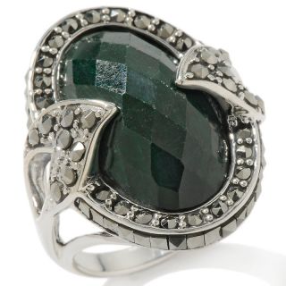 Emerald Green Corundum and Marcasite Sterling Silver Statement Ring