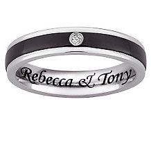 Stainless Steel Black and White Inside Engraved Band Ring with CZ