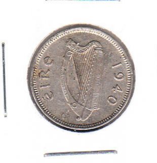 Ireland 3 Pence 1940 Nickel World Coin Irish Harp Hare Rabbit KM12