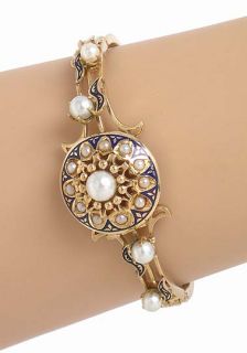 Ornate Vintage 14k Gold Pearls Enamel Bangle Bracelet