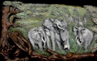 Giant Elephants Wall Decor Sculpture Jungle Art Plaque