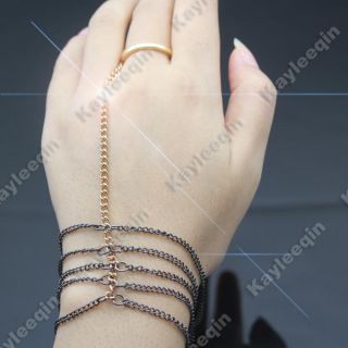 Fab Black Layered Body Chain Bracelet Bangle Slave Hand Harness Gold