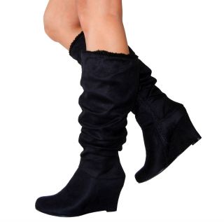  Slouchy Shearing Cuff Suede Knee High Wedge Boots Black AllSz