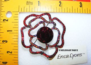  Erica Lyons Red Rhinestone Flower Pin Brooch