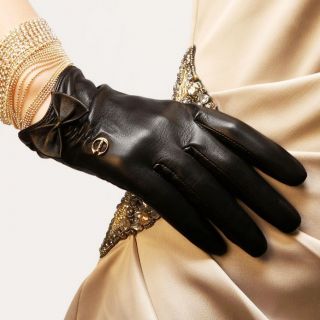 Black M ELMA nappa leather silk lined Gloves w leather bow Gold Plated