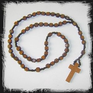 Wooden Light Brown Rosary Beads Necklace Cross Indie