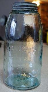 Antique GREEN BLUE HALF GAL MASONS JAR PATENT NOV 30th 1858 Glass