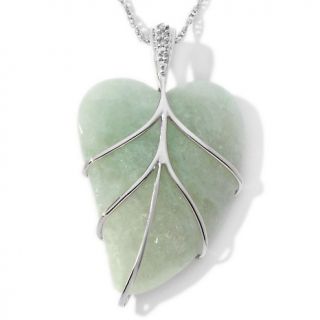 158 646 green jade and diamond sterling silver leaf pendant with 18