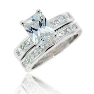 Emerald Cut Cubic Zirconia Sterling Silver Engagement Wedding Bridal