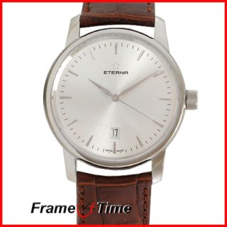 Eterna Men Soleure Automatic Silver Stick Dial Brown Strap Watch 8310