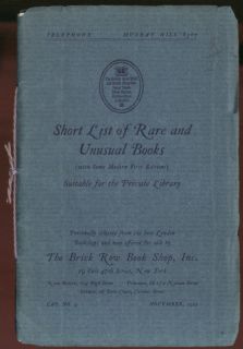 Brick Row Book Shop Short List Rare Books #9 1922